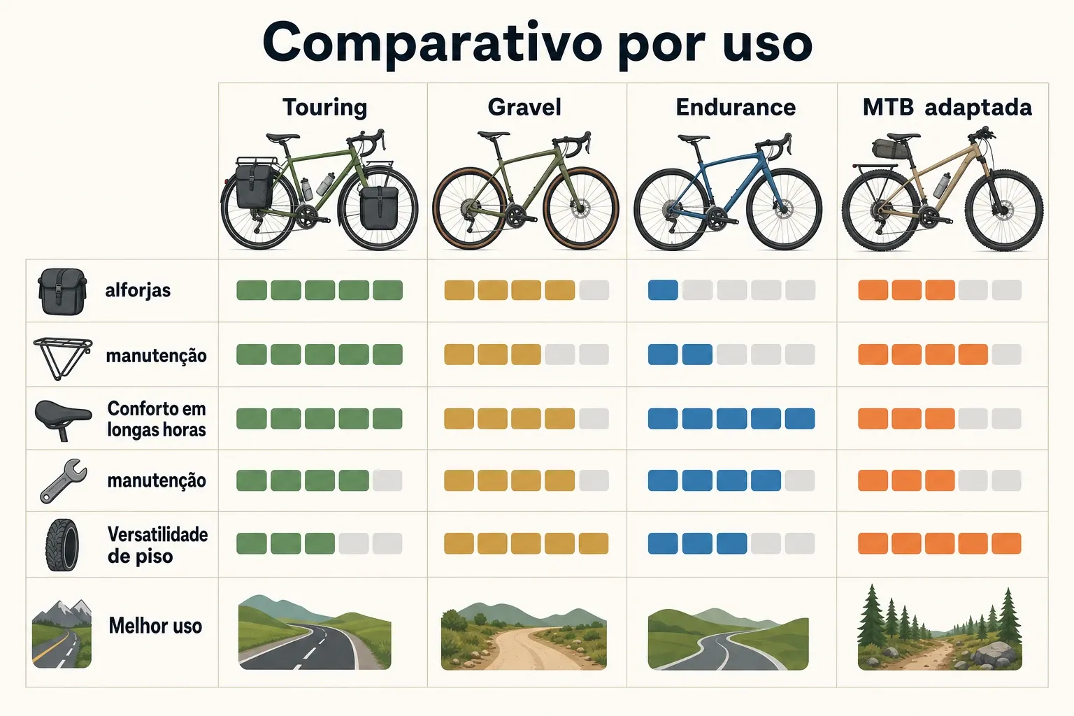 Gráfico comparativo com critérios de estabilidade com alforjas, compatibilidade com bagageiro, conforto e manutenção entre touring, gravel, endurance e MTB adaptada.