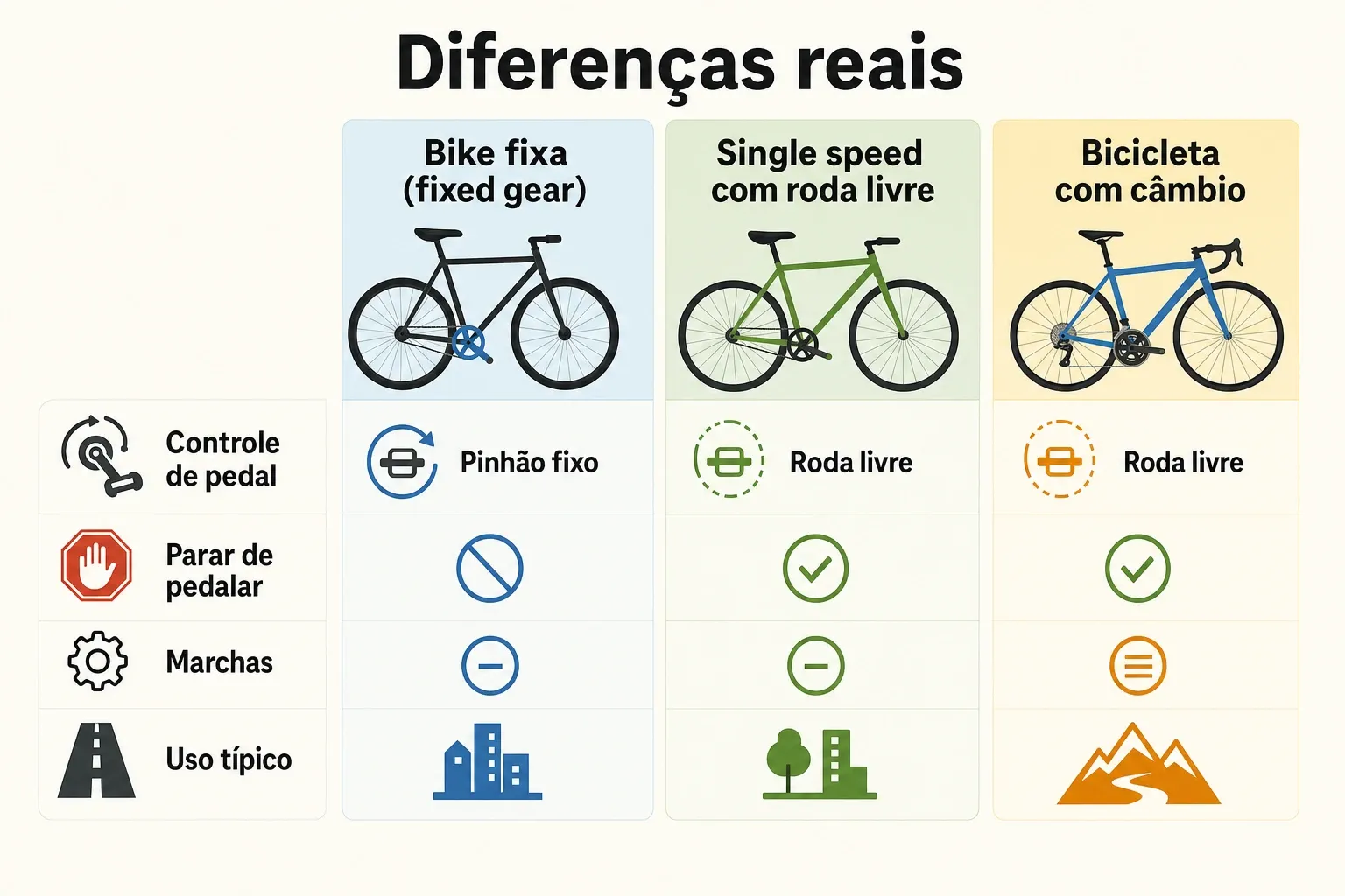 Gráfico comparativo entre bike fixa, single speed e bicicleta com roda livre, com rótulos curtos.