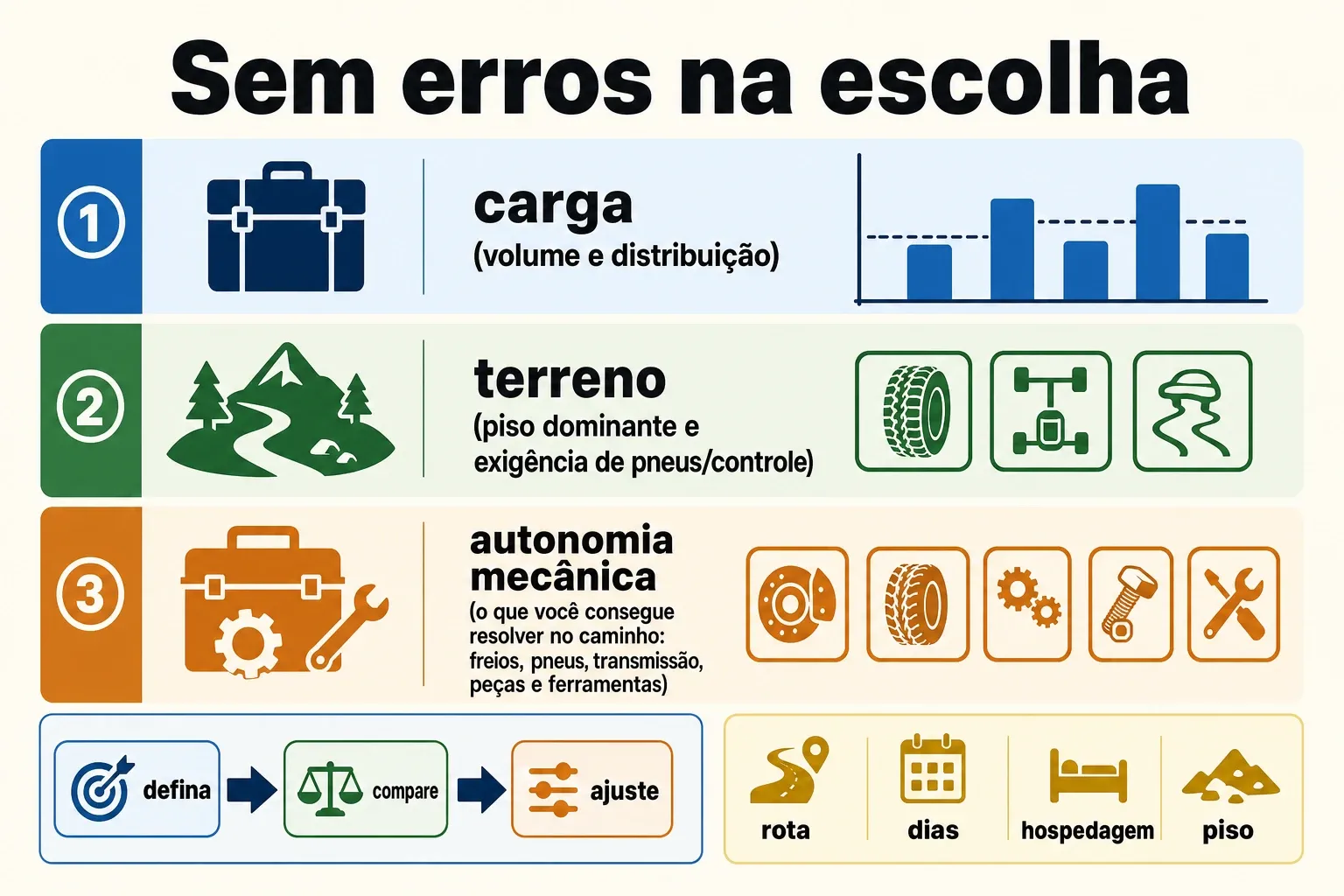 Infográfico de checklist para escolher a bike de cicloturismo considerando carga, terreno e autonomia mecânica.