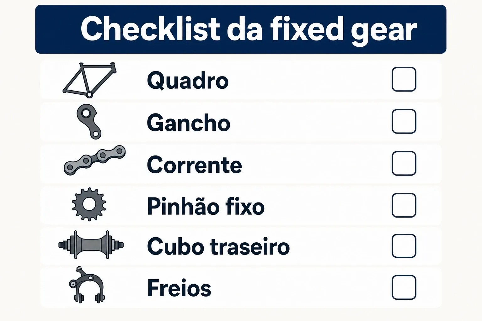 Infográfico em formato de checklist para avaliar segurança e compatibilidade de uma bike fixa antes de comprar ou montar.