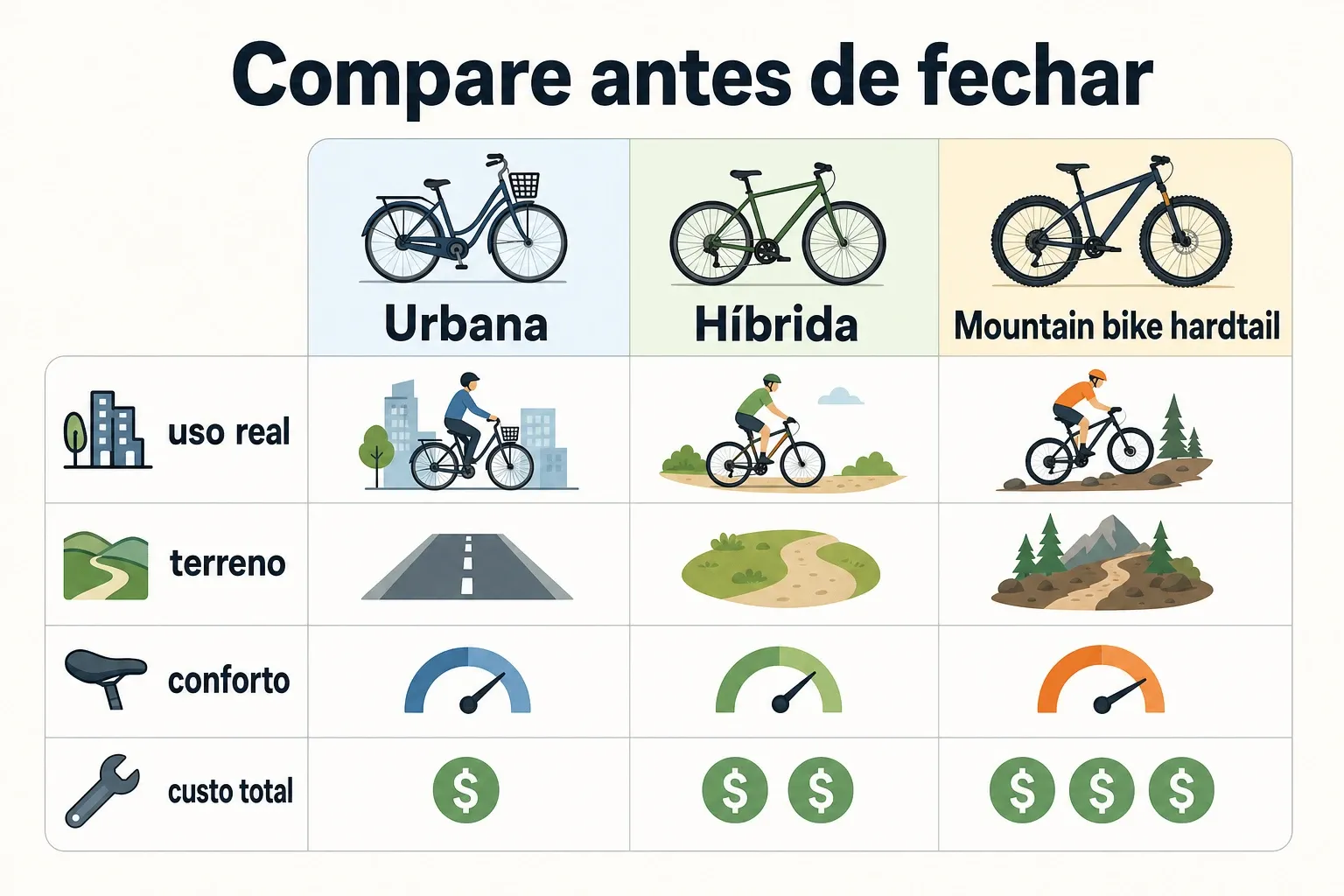 Comparativo entre bicicletas urbana, híbrida e hardtail com critérios de uso, terreno e custo total.