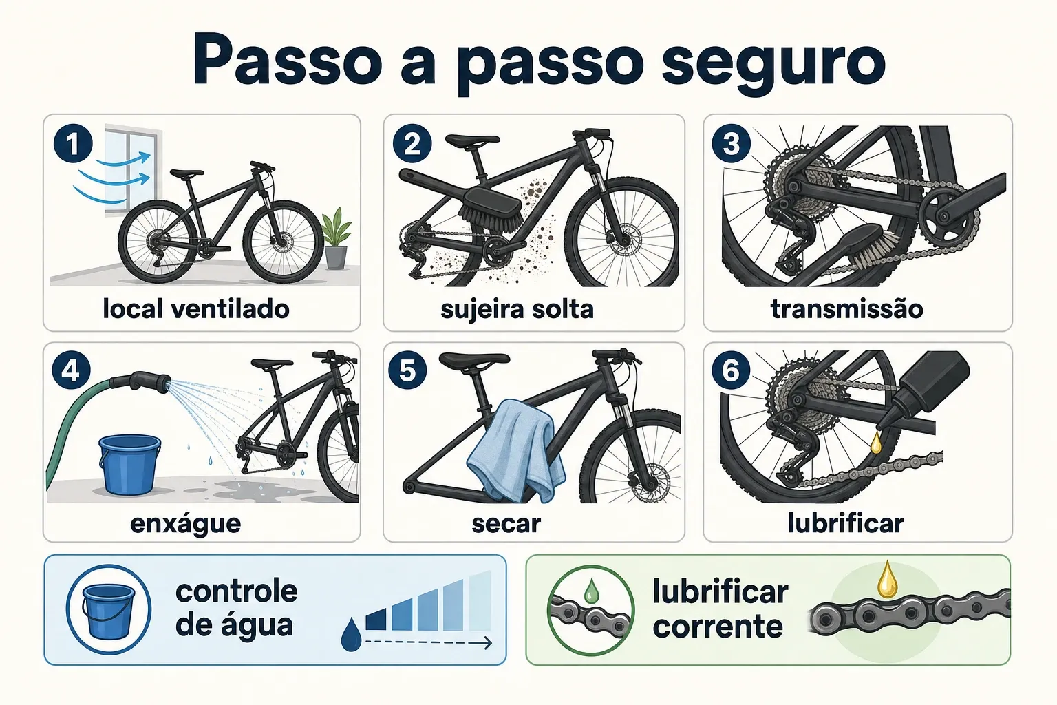 Infográfico com etapas para lavar a bicicleta com segurança, cuidando da transmissão e controlando o enxágue.