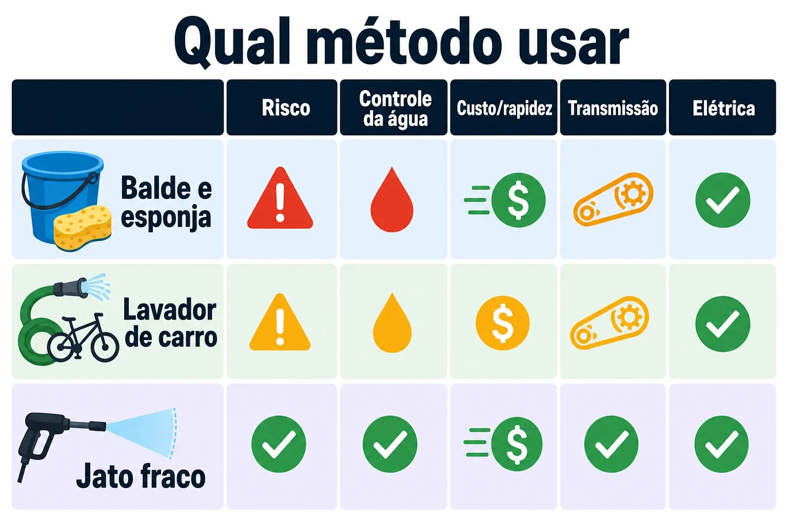 Comparação visual de métodos de lavagem e implicações para controle da água e componentes sensíveis.