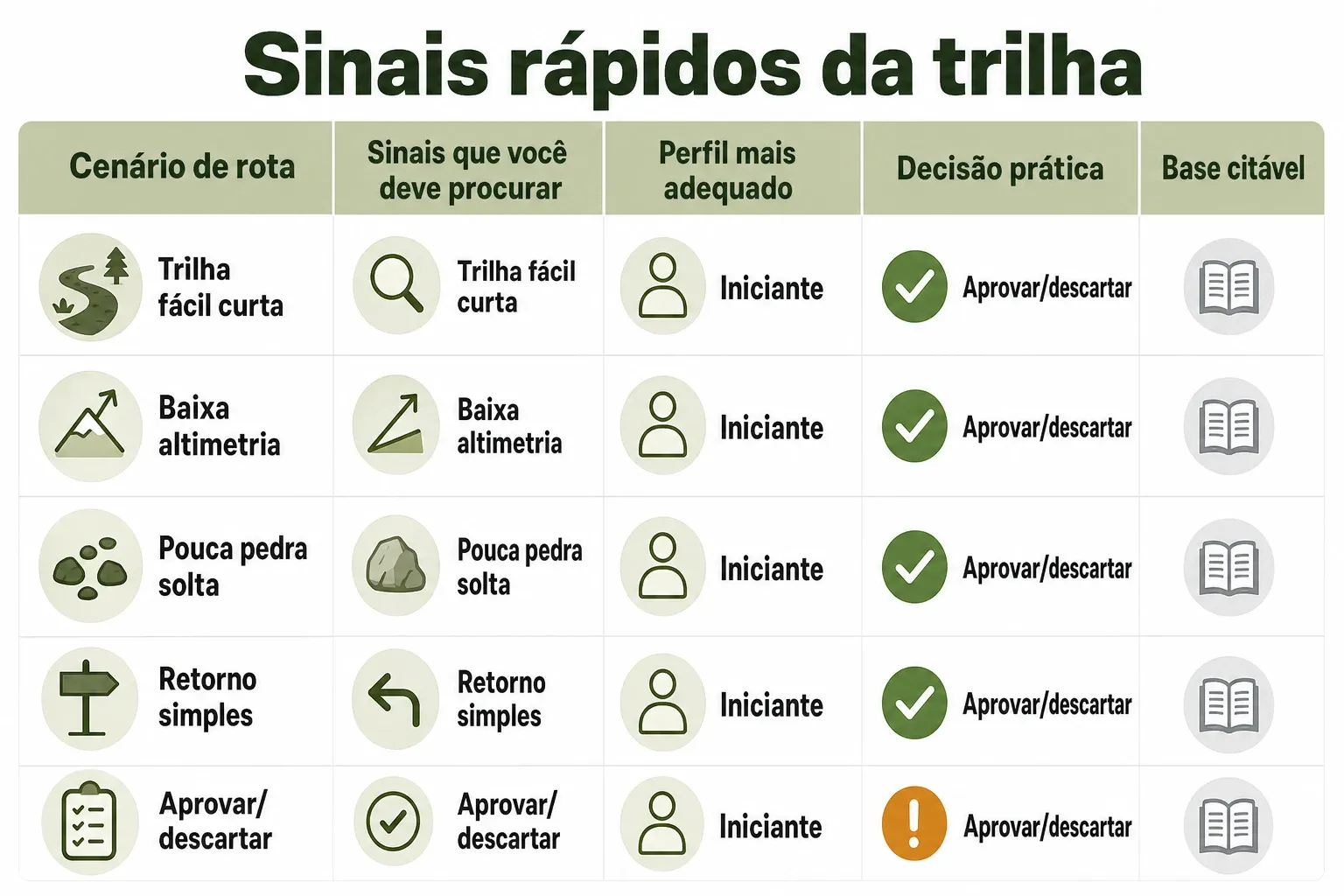 Tabela infográfica com sinais rápidos para aprovar ou descartar uma trilha de mountain bike, considerando cenário, pistas e decisão prática.