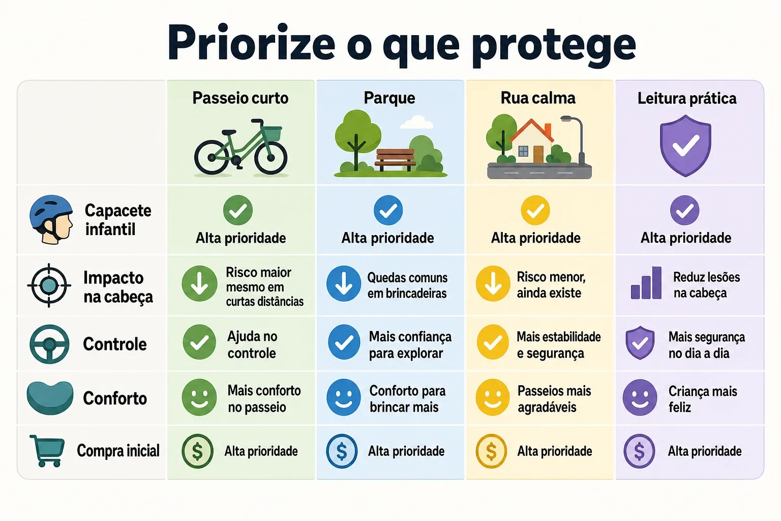 Comparativo de prioridade de compra por cenário para itens de segurança e conforto no ciclismo infantil.