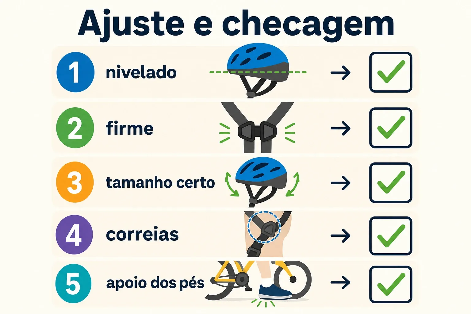 Checklist visual para montar e ajustar bicicleta e capacete com segurança no ciclismo infantil.
