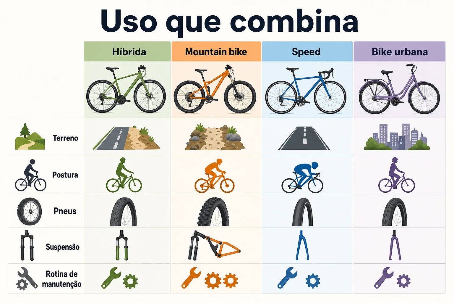 Gráfico comparativo mostrando quando cada tipo de bicicleta faz sentido por terreno e proposta de uso.