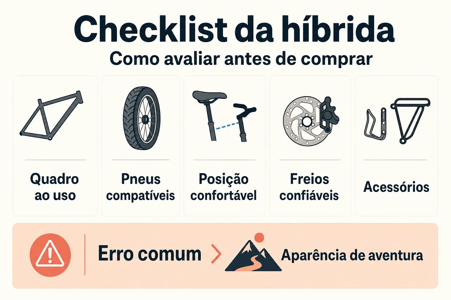 Infográfico checklist para identificar uma bicicleta híbrida de boa qualidade antes de comprar, com critérios objetivos.
