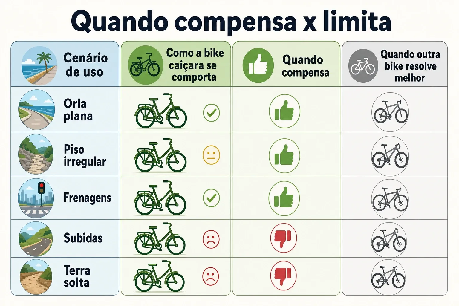 Comparativo visual mostrando cenários onde a bike caiçara rende e onde outras bikes fazem mais sentido.