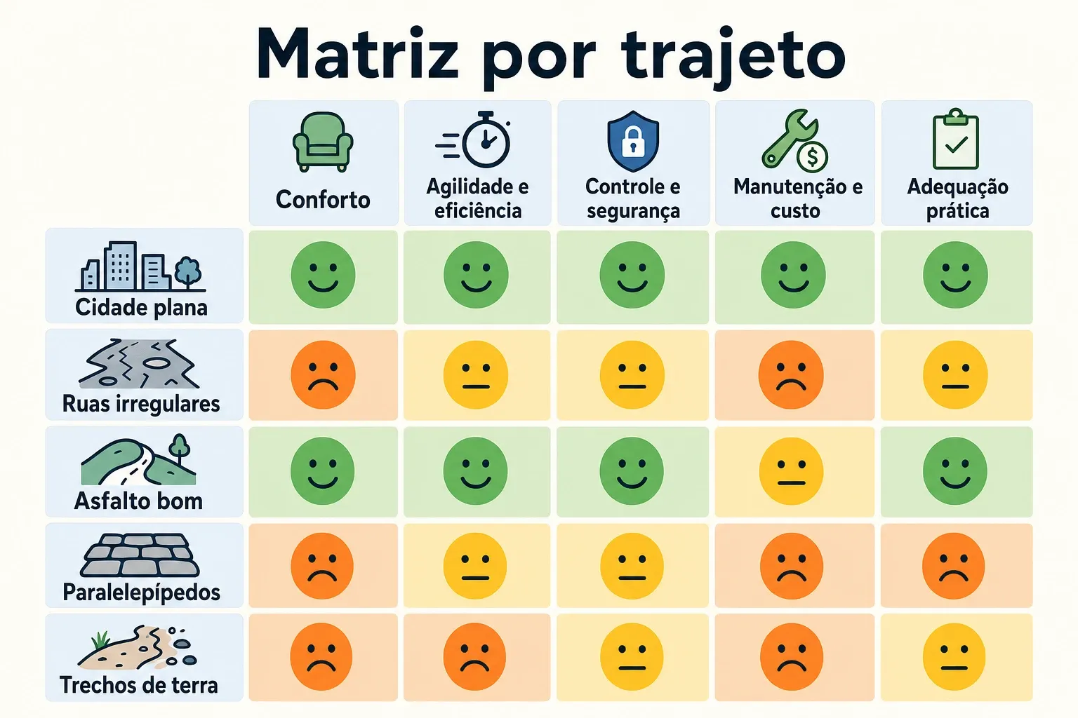 Infográfico em matriz para decidir bicicleta urbana vs mountain bike por tipo de trajeto e critérios práticos.