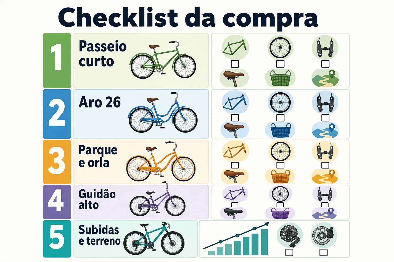 Infográfico checklist para escolher bicicleta retrô/vintage considerando uso, aro, ajustes e manutenção.