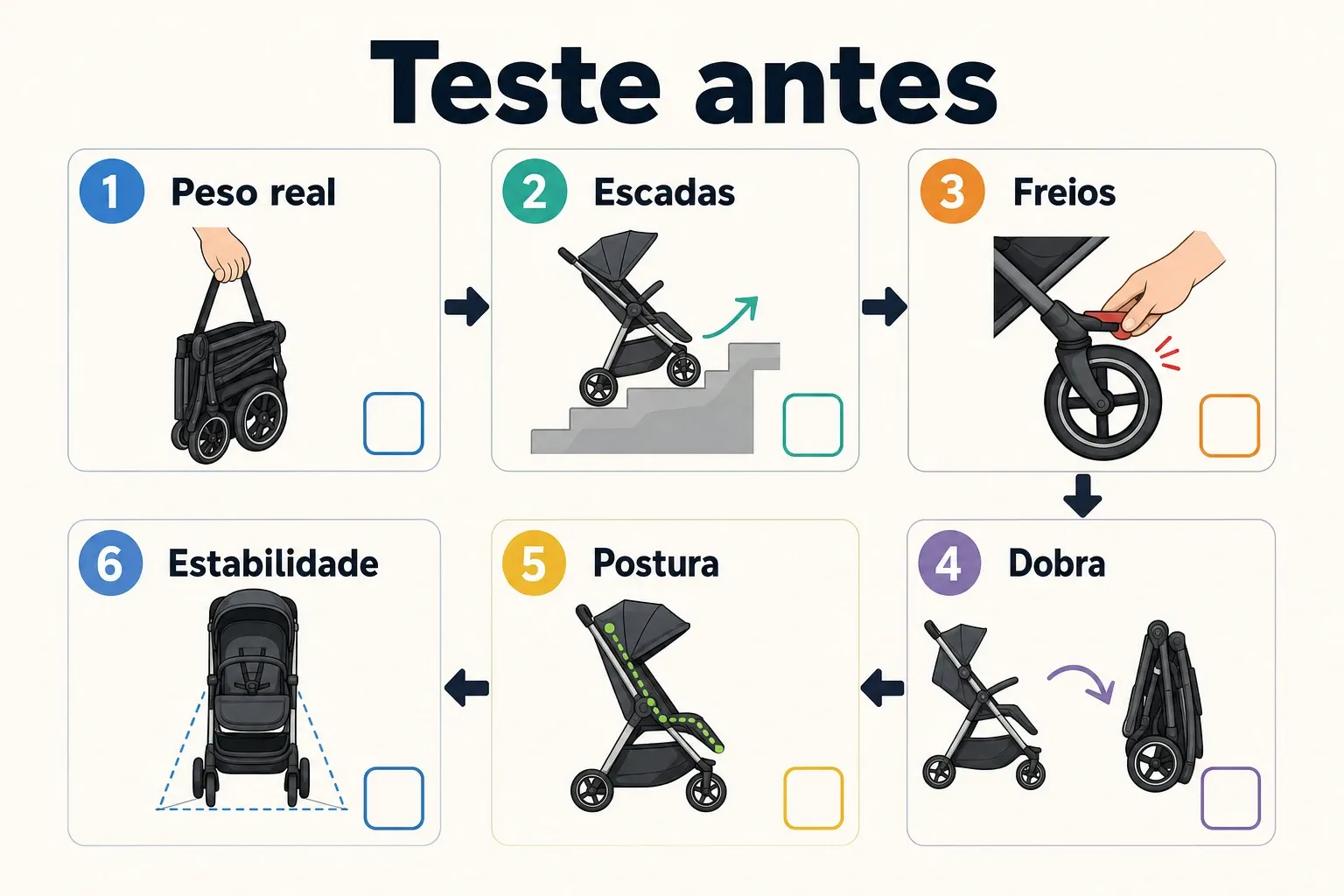 Infográfico checklist para avaliar bicicleta dobrável antes de comprar: peso, escadas, freios, dobra, postura e estabilidade.