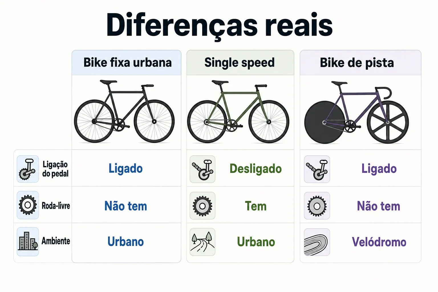 Comparação visual entre bike fixa urbana, single speed e bike de pista com critérios essenciais.