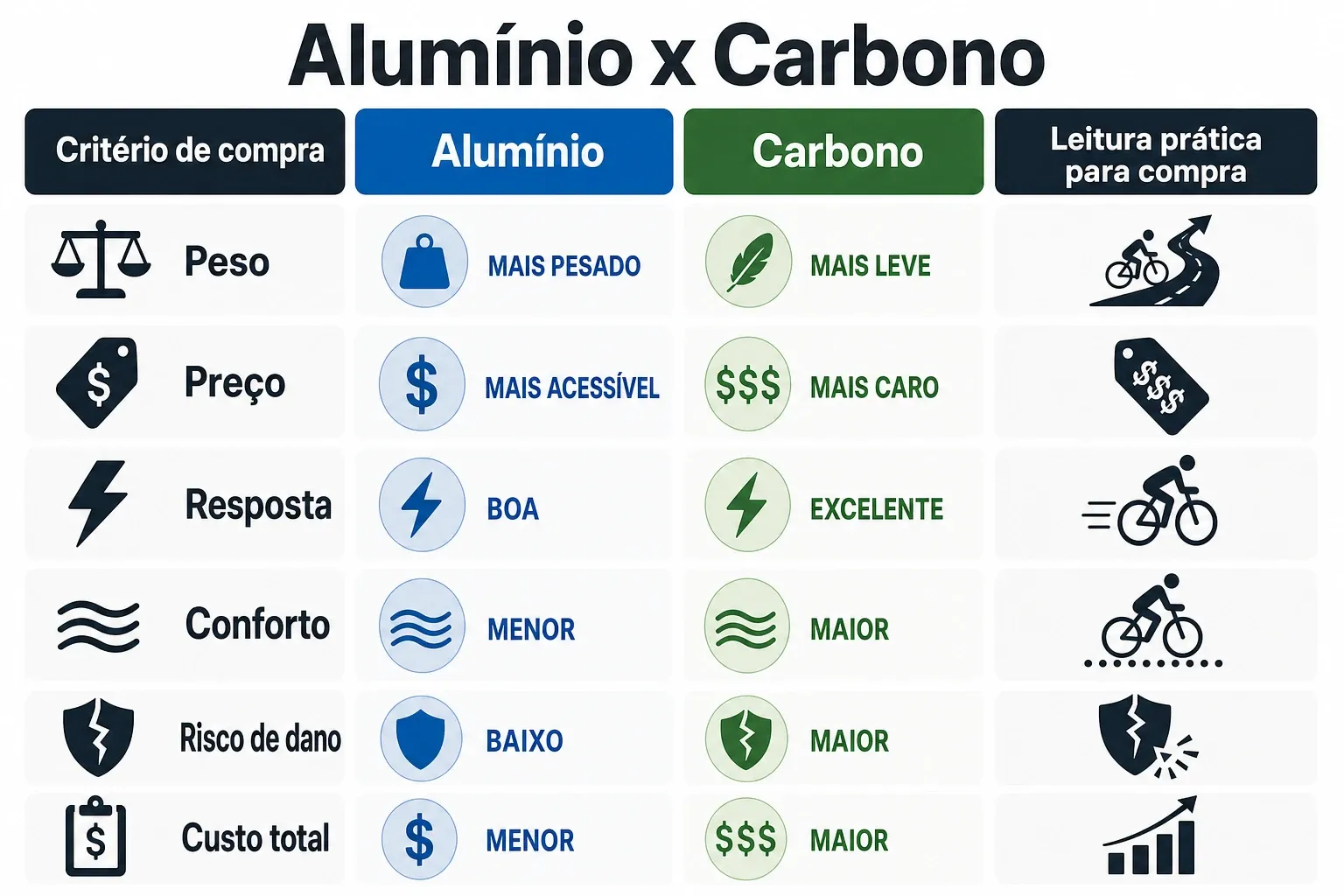 Gráfico comparativo por critérios de compra entre bicicletas de alumínio e carbono, com leitura prática para cada item.