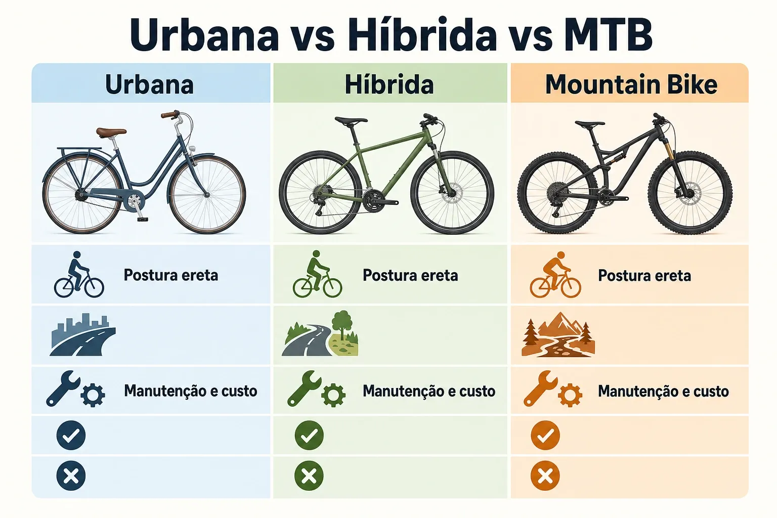 Comparativo visual entre bicicleta urbana, híbrida e mountain bike com rótulos para postura e custo de manutenção.