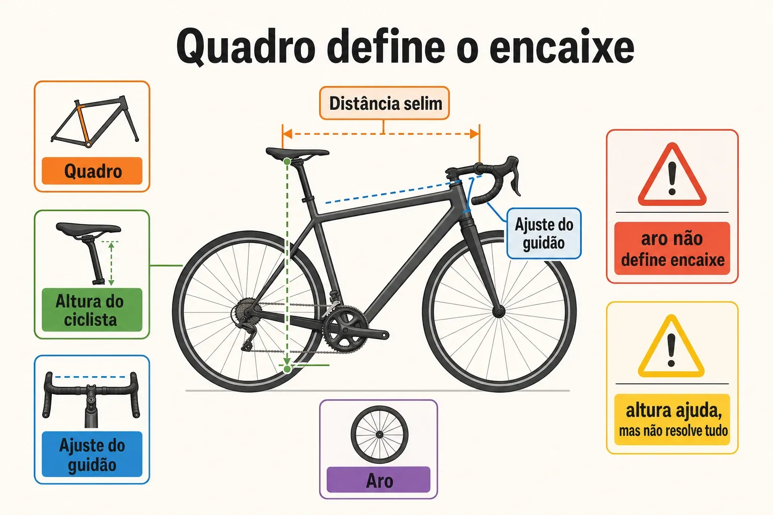 Infográfico explicando como tamanho do quadro e ajustes de selim, pedais e guidão afetam o conforto no pedal.