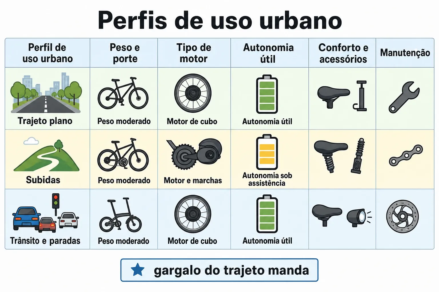 Comparação entre perfis de uso urbano para escolher bicicleta elétrica: peso, tipo de motor, autonomia útil, conforto e manutenção.