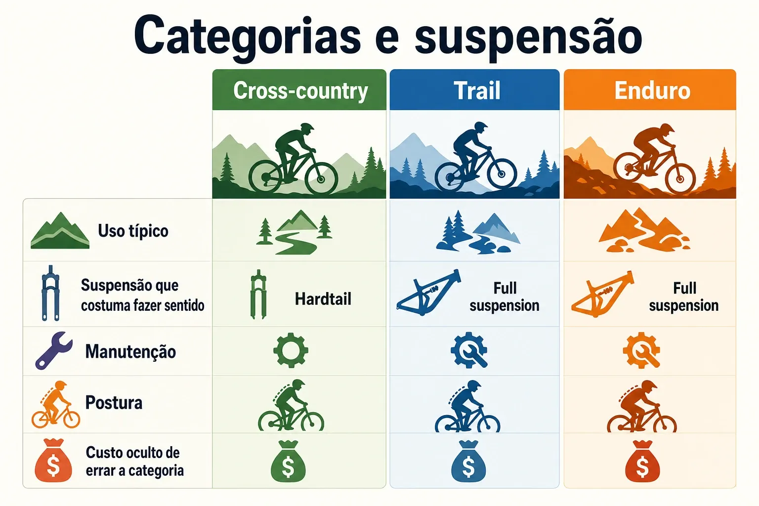 Infográfico comparativo de categorias de mountain bike e suspensão recomendada por uso.