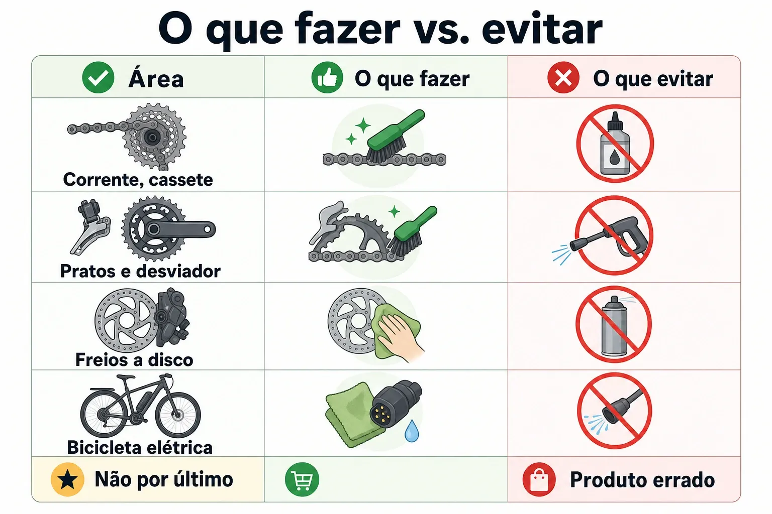 Comparativo com áreas críticas da lavagem: transmissão, freios a disco e bicicleta elétrica, com o que fazer e o que evitar.