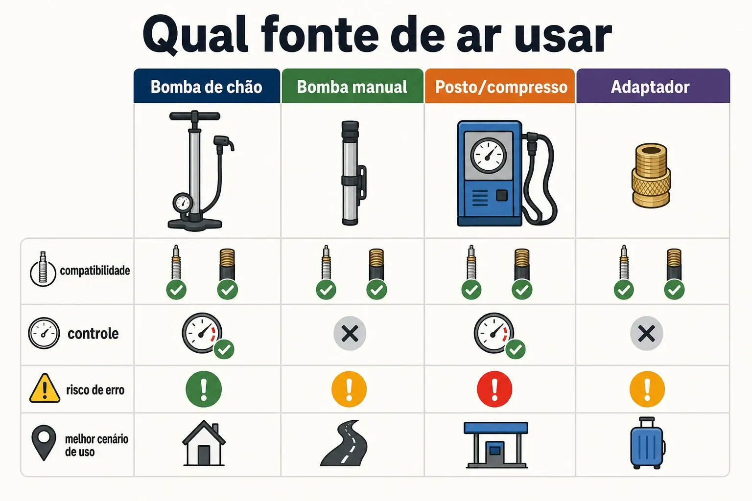 Comparação visual entre bomba de casa, bomba manual, posto e adaptador para encher pneu com menos erro.