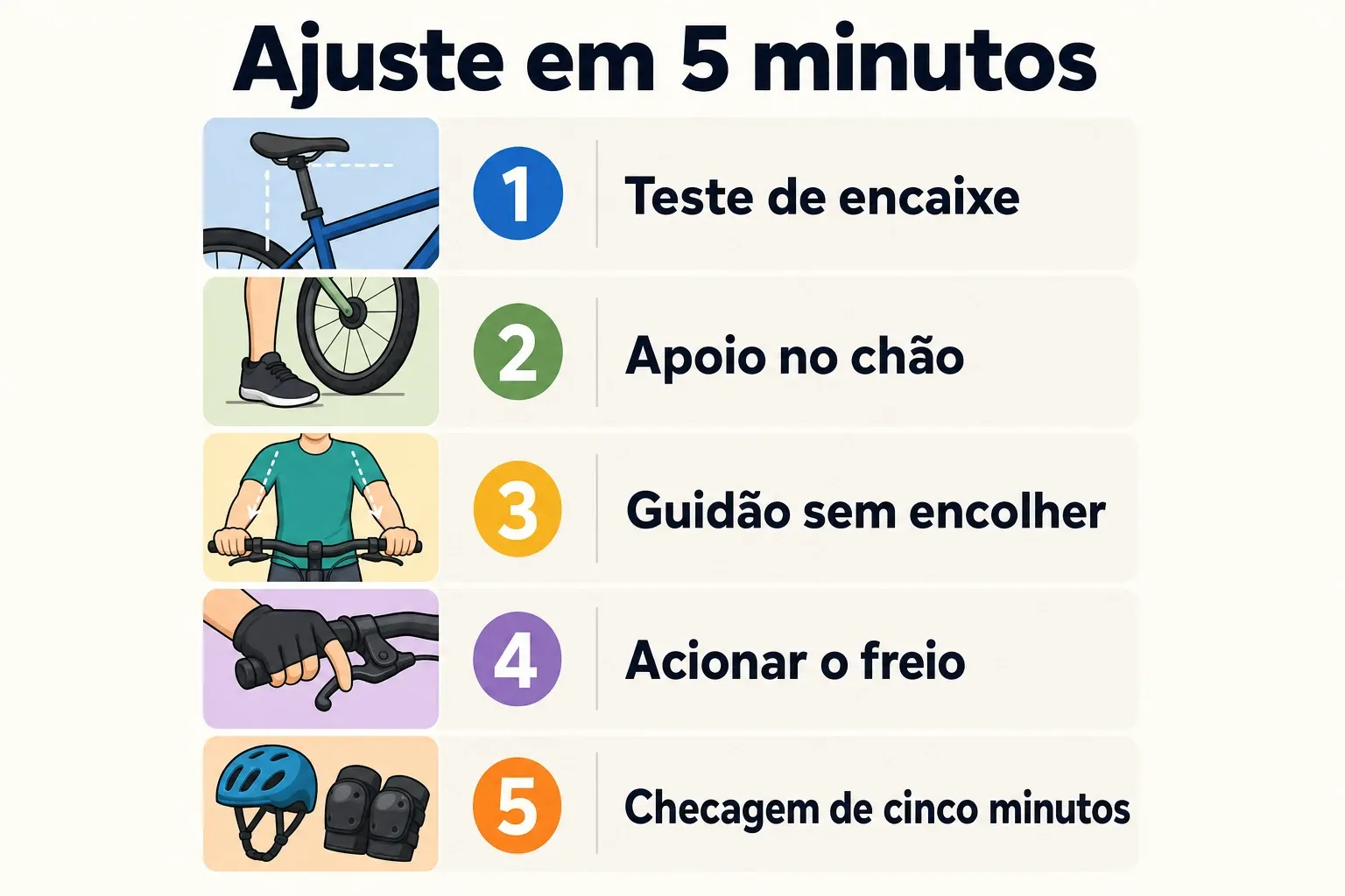 Checklist em infográfico para ajustar bike, acessórios e rotina de supervisão antes de pedalar com crianças.