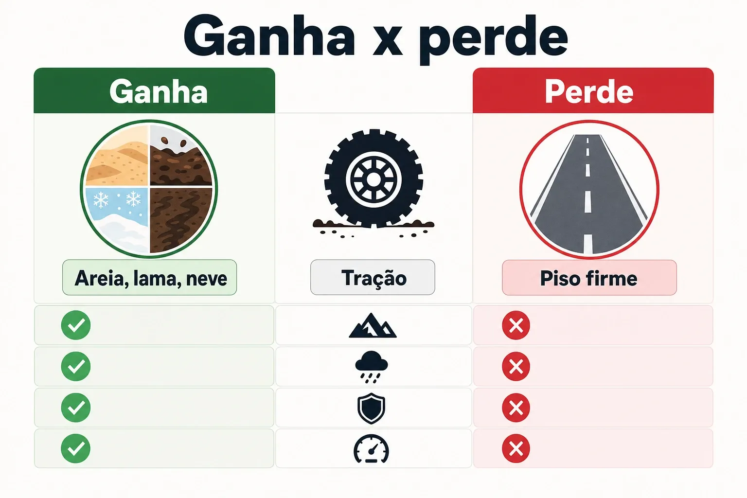Gráfico comparativo mostrando em quais superfícies a fat bike tem vantagem e em quais perde eficiência.
