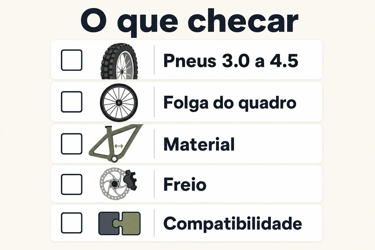 Infográfico checklist com as especificações mais importantes ao comprar uma fat bike (pneus, quadro, freio e compatibilidade).