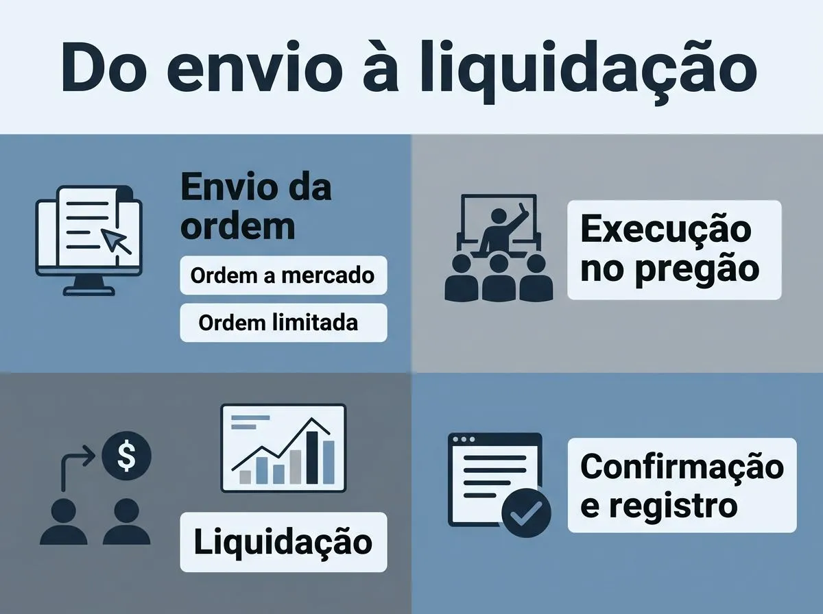 Infográfico em linha do tempo mostrando etapas de envio de ordem, execução no pregão e liquidação, com rótulos curtos.