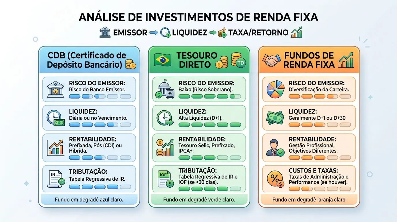 Gráfico comparativo com cartões para CDB, Tesouro Direto e fundos de renda fixa.