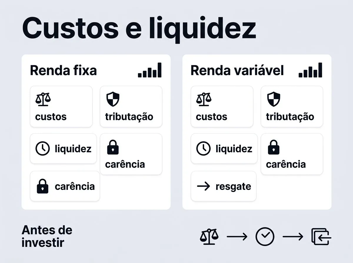Infográfico comparando custos, tributação e liquidez entre renda fixa e renda variável