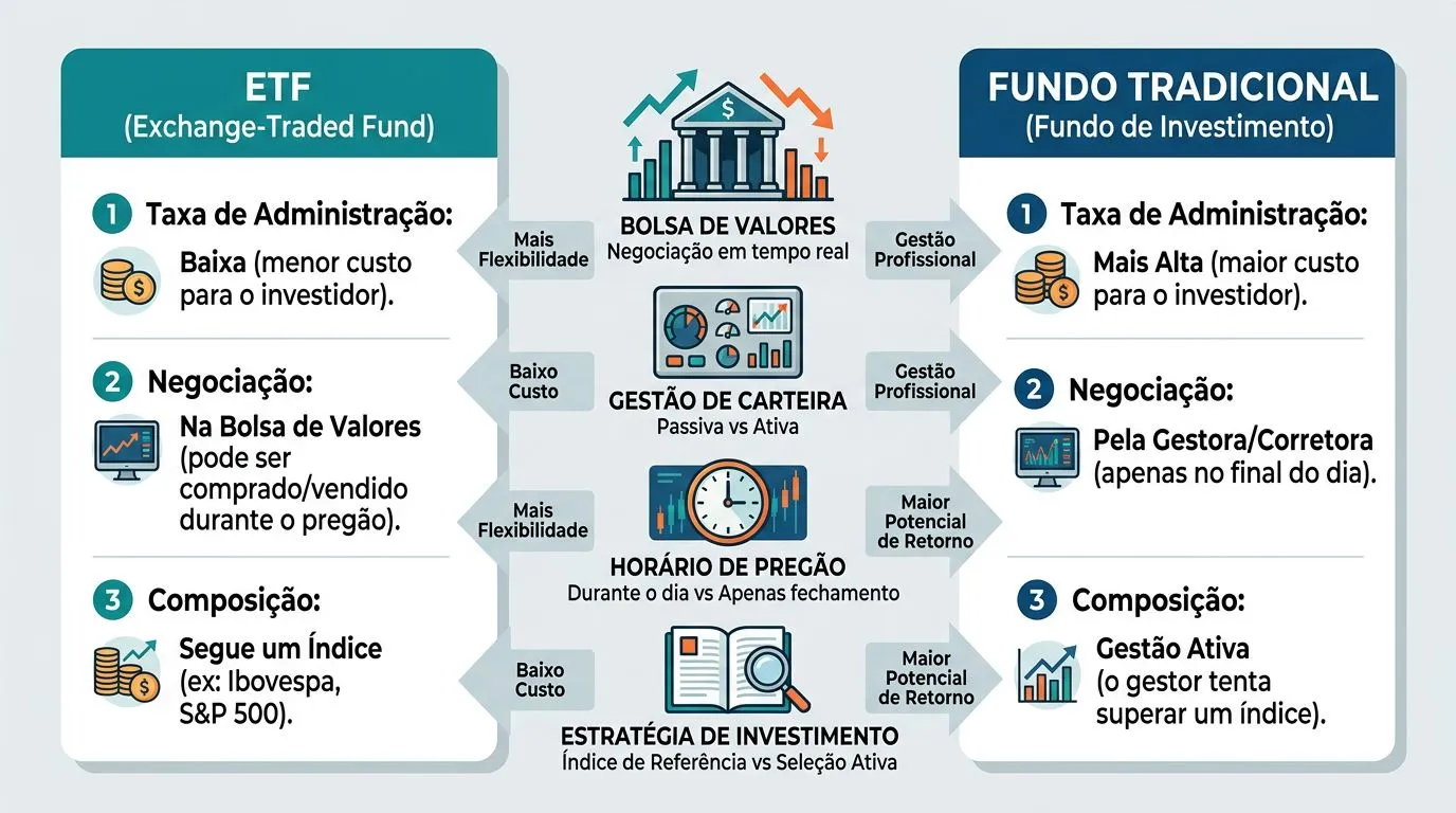 Comparação visual entre ETF e fundo tradicional com foco em gestão, negociação e custos.