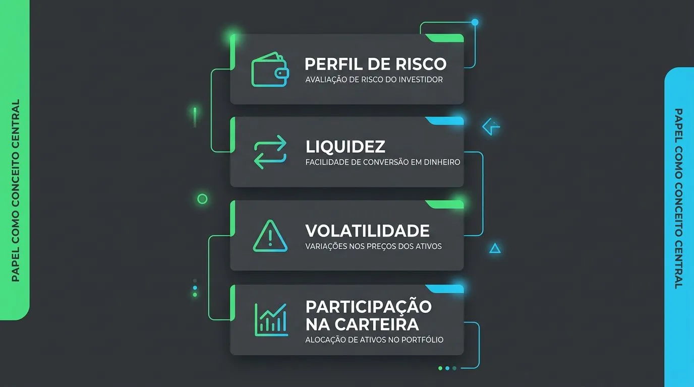 Infográfico com ícones e rótulos sobre papel do bitcoin na carteira: alto risco, parcela pequena, liquidez e volatilidade.