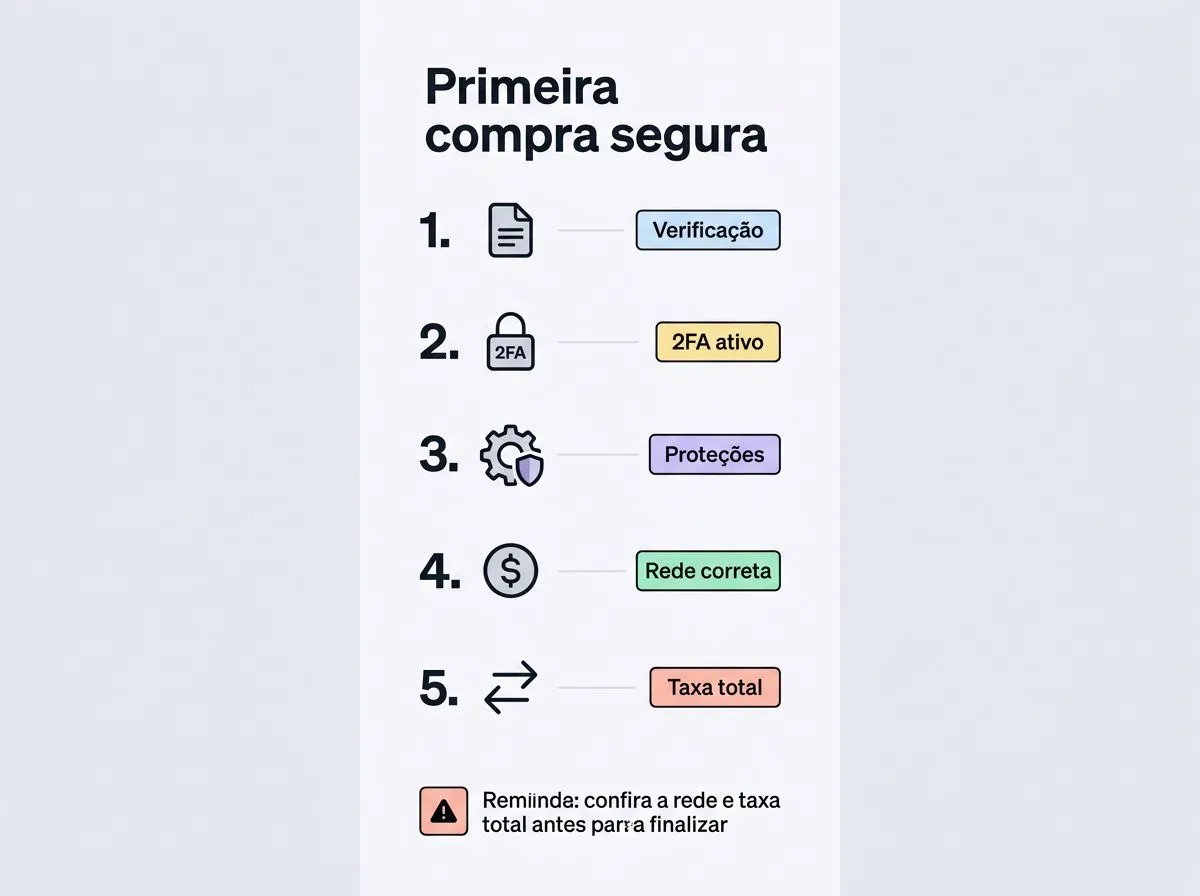 Infográfico com etapas numeradas para fazer a primeira compra de criptomoedas com menos erros operacionais