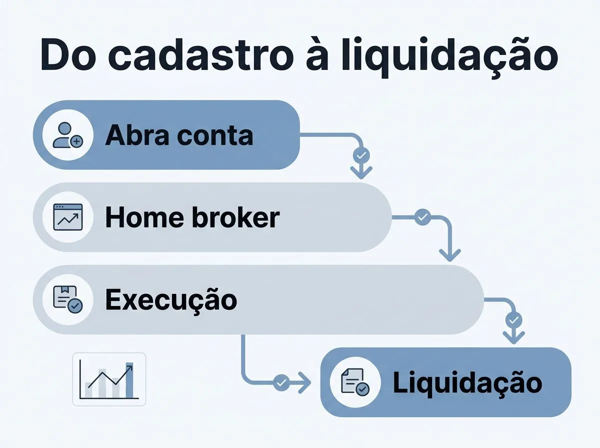 Infográfico em etapas mostrando o fluxo de negociação da bolsa
