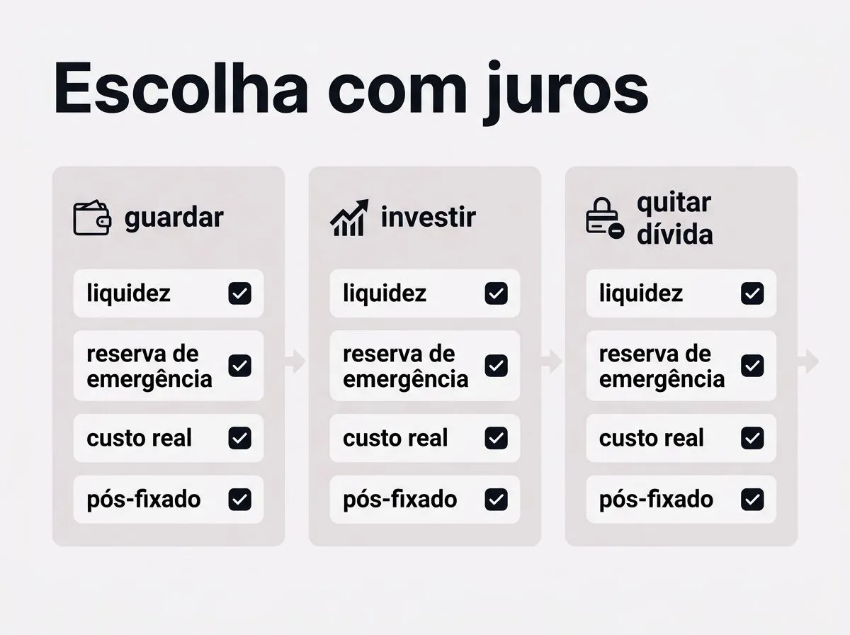 Infográfico com três caminhos para decidir entre guardar, investir e quitar dívida com base em taxa de juros