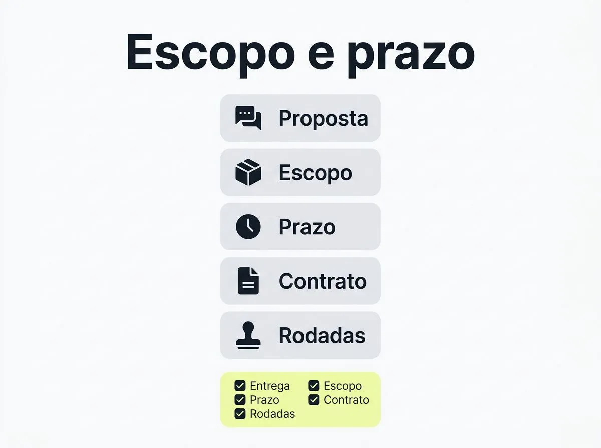 Infográfico com etapas para contratar freelance: proposta, escopo, prazo e contrato, com destaque final para checklist.