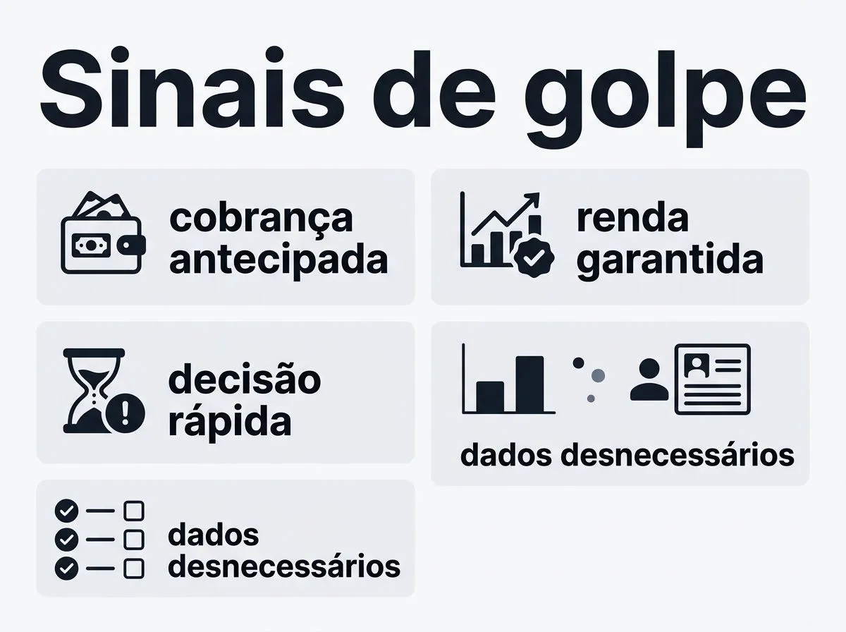 Infográfico com sinais de golpe em ofertas para testar produtos e sites, incluindo cobrança antecipada e promessa irreal.