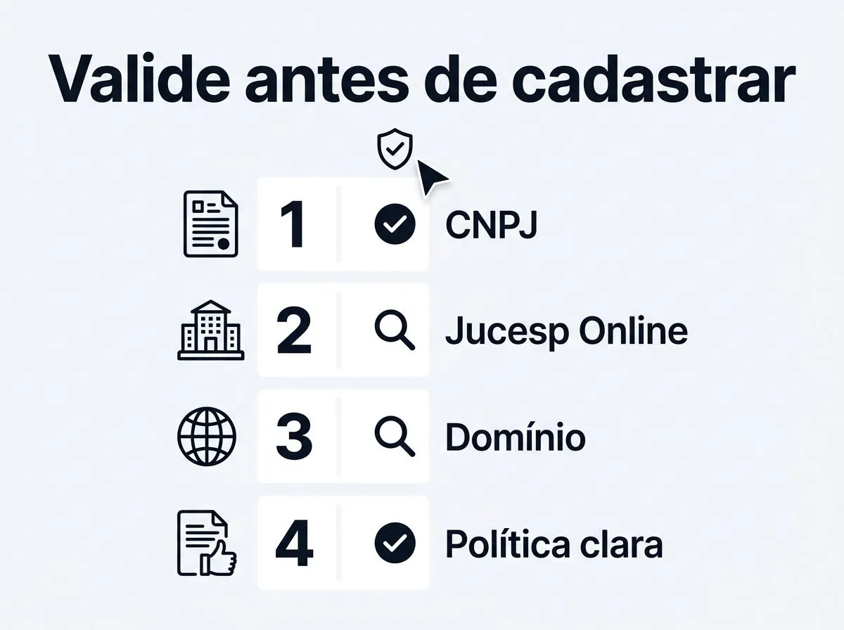 Infográfico com passos para verificar legitimidade de plataformas de pesquisas remuneradas, com rótulos curtos.