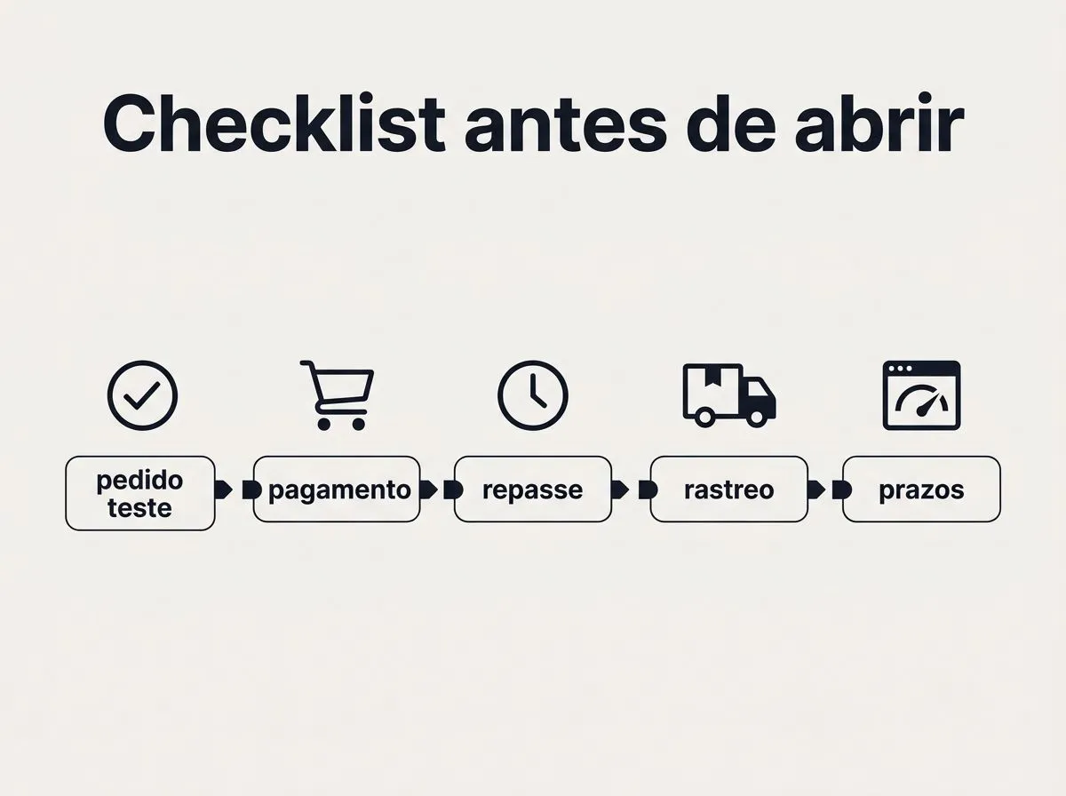 Infográfico com checklist em etapas para validar o dropshipping ponta a ponta, com ícones e rótulos curtos.