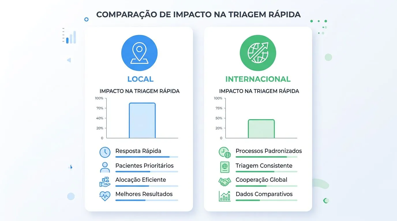 Infográfico comparando currículo local e currículo internacional com rótulos curtos e barras de impacto.