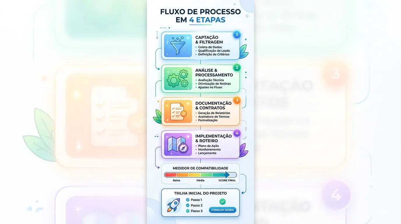 Infográfico com etapas para escolher trilha de tecnologia compatível com o perfil, com ícones e rótulos curtos.