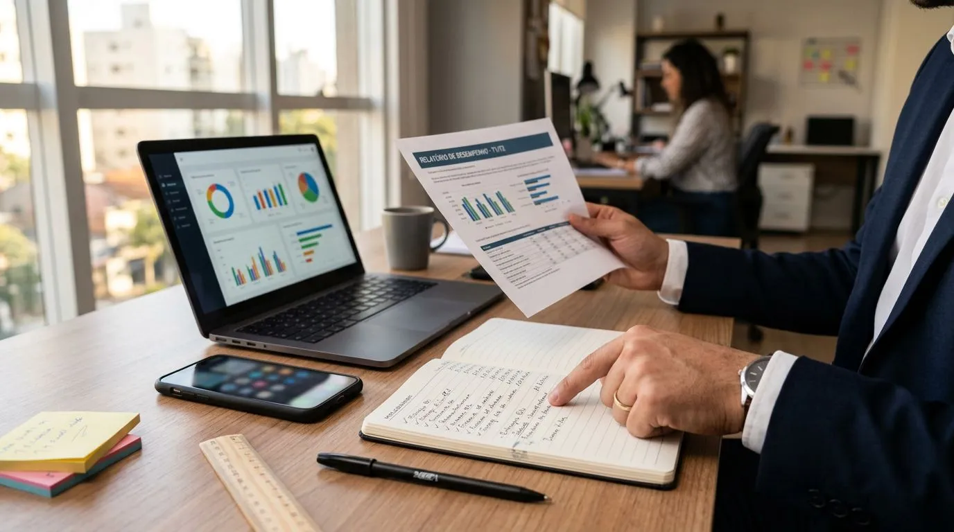 Pessoa revisando relatórios e anotações com números para sustentar um pedido de aumento salarial, em um escritório.