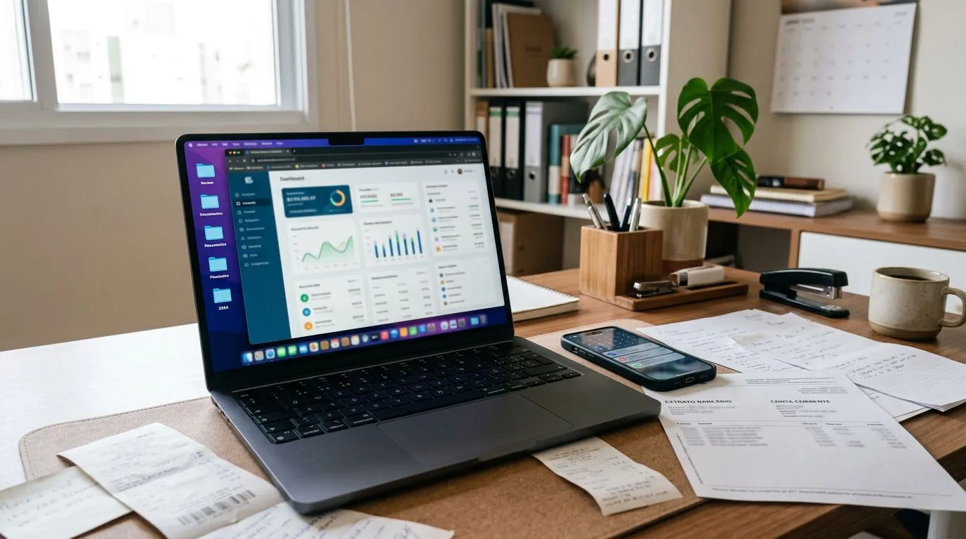 Mesa com laptop e documentos financeiros ajudando a conectar bancos e notas com mais privacidade.