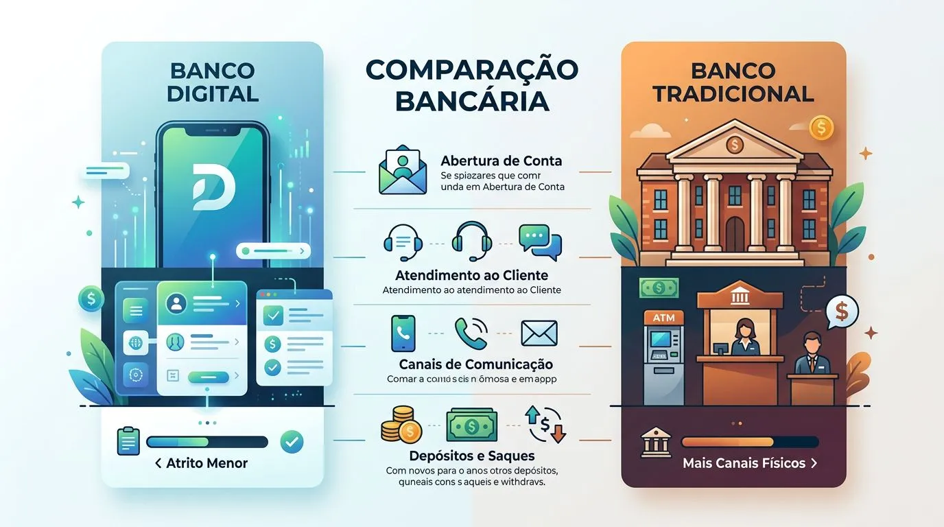 Comparação visual entre uso diário de banco digital e banco tradicional