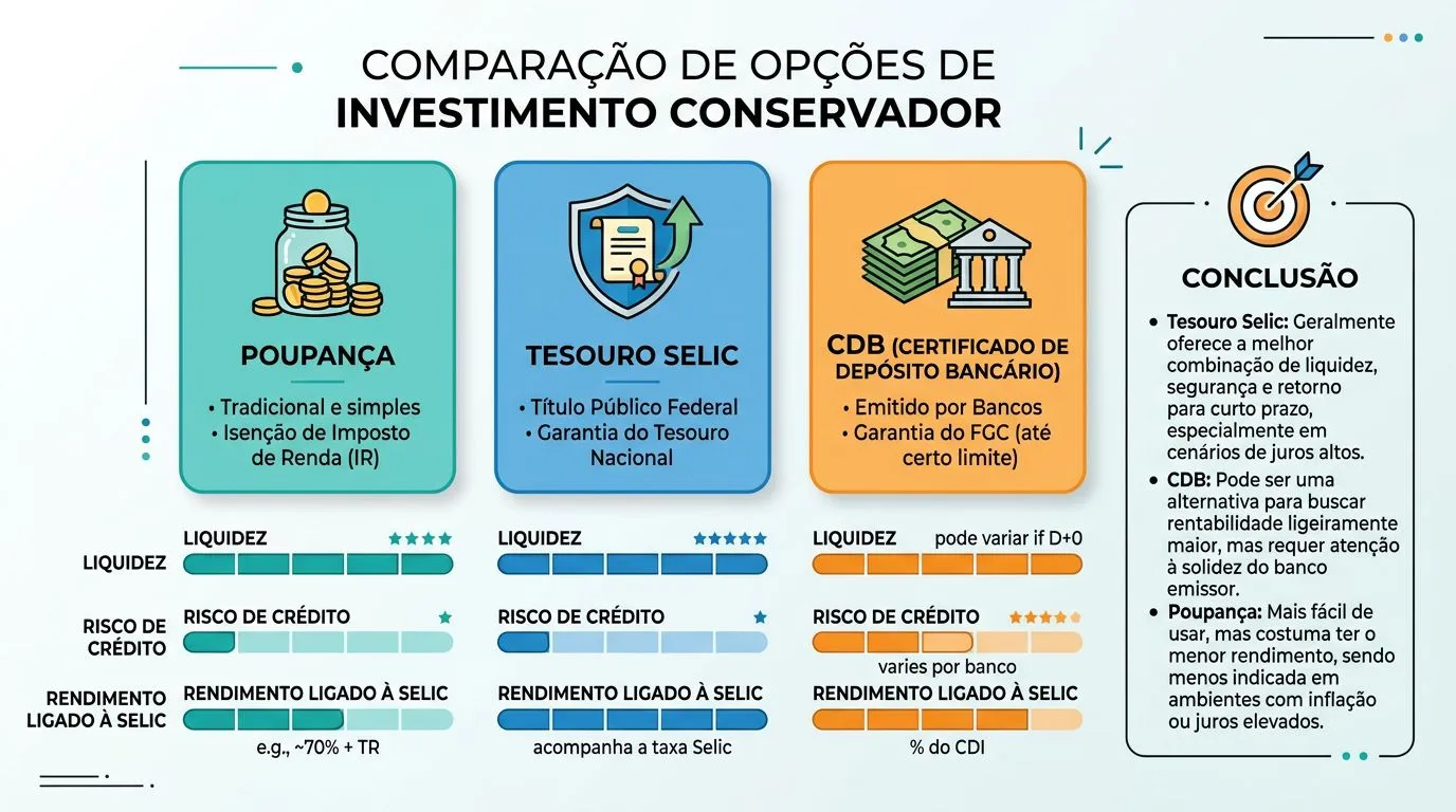 Comparativo visual entre Poupança, Tesouro Selic e CDB para reserva financeira, com critérios de liquidez e risco.