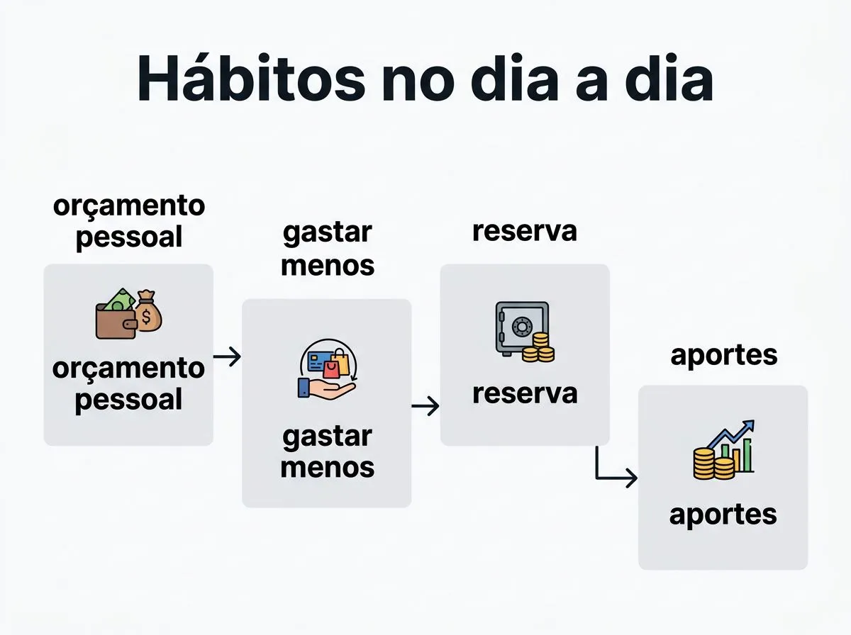Infográfico com hábitos financeiros diários: gastar menos, orçamento pessoal e reserva