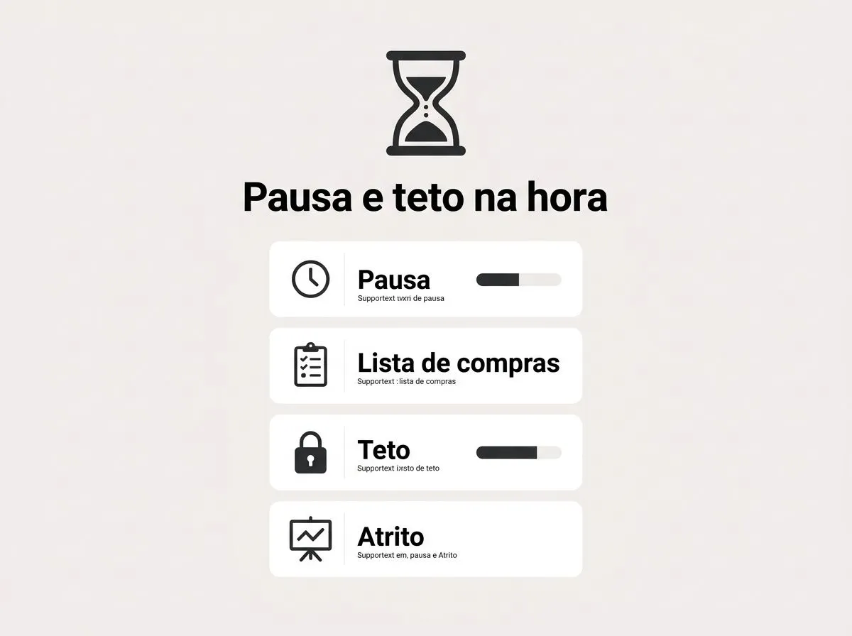 Infográfico com ícones e checklist para pausar e aplicar teto antes de concluir compra online impulsiva.
