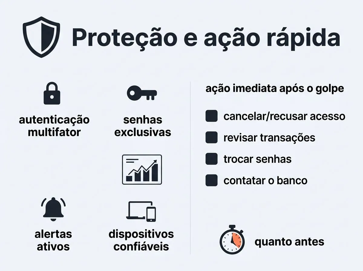Infográfico com passos para proteger contas bancárias e ações imediatas após cair em golpe digital.