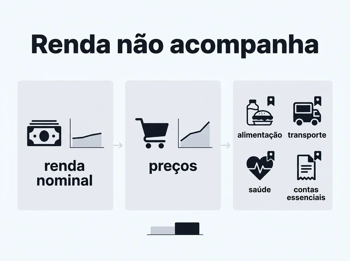 Infográfico mostrando como a inflação faz os preços subirem mais rápido do que a renda nominal.