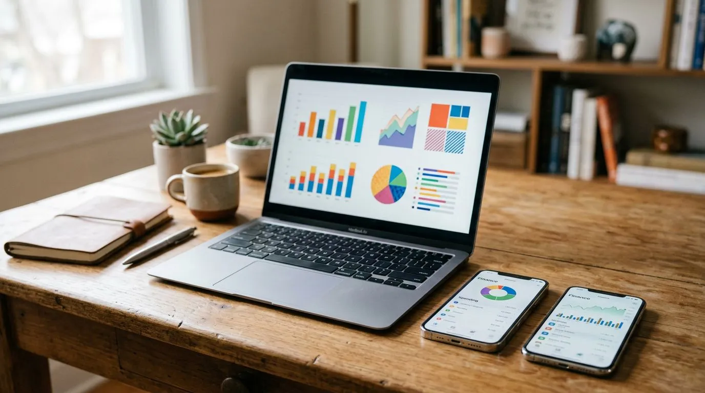 Mesa com notebook e dois smartphones mostrando interfaces genéricas de finanças pessoais, sugerindo comparação por perfil.